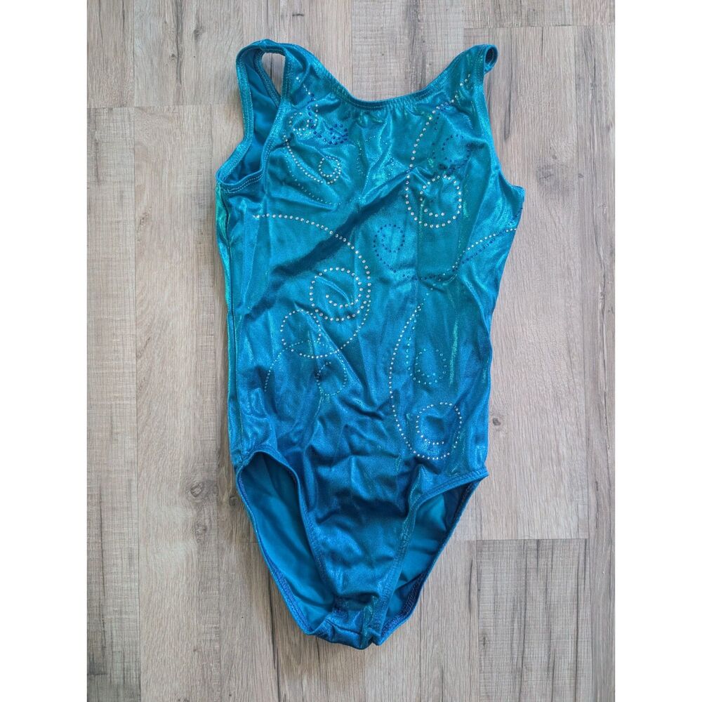 Destira Blue Swirling Crystal Shimmer Gymnastics Leotard, Medium (V8)